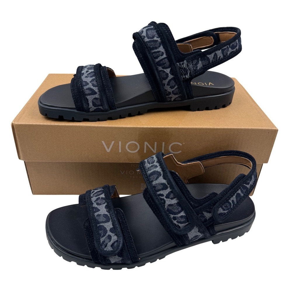 Vionic Cassidy Navy Leopard Denim Adjustable Strap Lug Sole Sandals Women 11 New